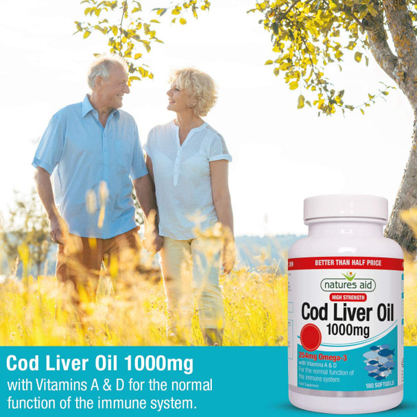 Natures Aid Cod Liver Oil, 1000 mg, 180 Softgel Capsules (High Strength, 254 mg Omega-3 with Vitamins A and D for Normal Function of the Immune System, Made in the UK)