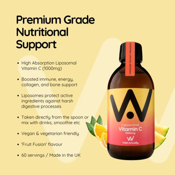 Powerful Liposomal Vitamin C 1000mg - 60 Servings - 300ml - Fruit Fusion Flavour - Vegan - UK - Made by Well.Actually.