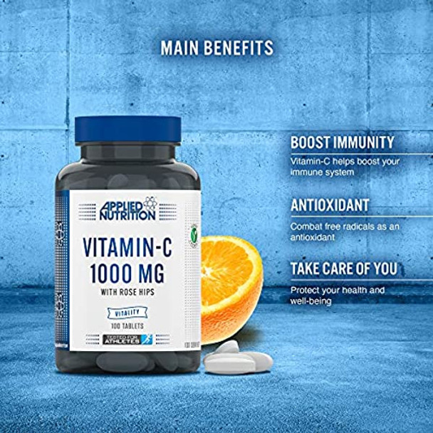 Applied Nutrition Vitamin C 1000mg 100 tablets (3 Months Supply) L Ascorbic Acid With Rose Hips - Immune System Support - Suitable For Vegans & Vegetarians