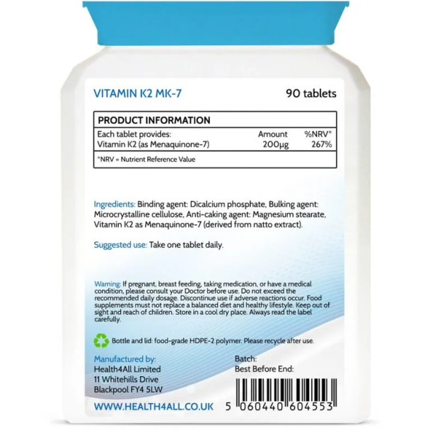 Vitamin K2 MK7 200mcg 90 Tablets (V) Natural MK-7 from natto Fermentation. Vegan High Strength Tablets (not Capsules). Made in The UK by Health4All