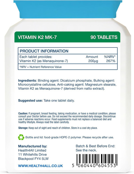 Health4All Vitamin K2 MK7 200mcg 90 Tablets (V) Natural MK 7 from natto Fermentation. Vegan High Strength Tablets not Capsules