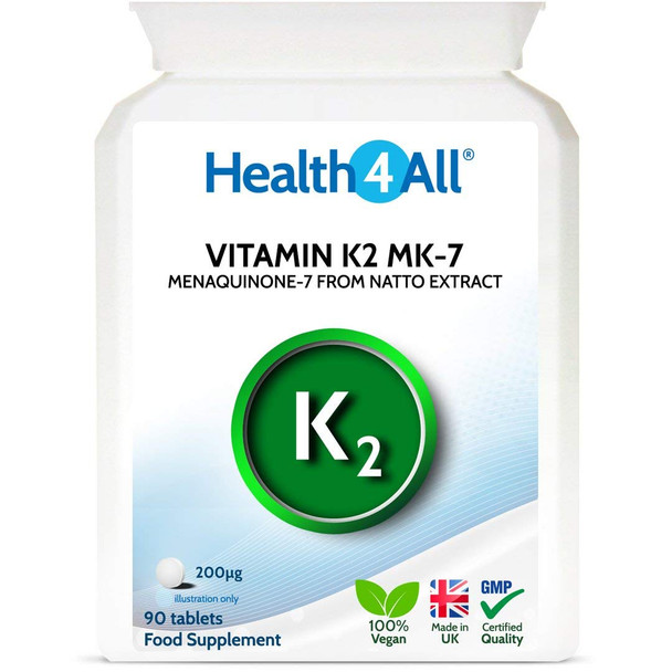 Vitamin K2 MK7 200mcg 90 Tablets (V) Natural MK-7 from natto Fermentation. Vegan High Strength Tablets (not Capsules). Made in The UK by Health4All