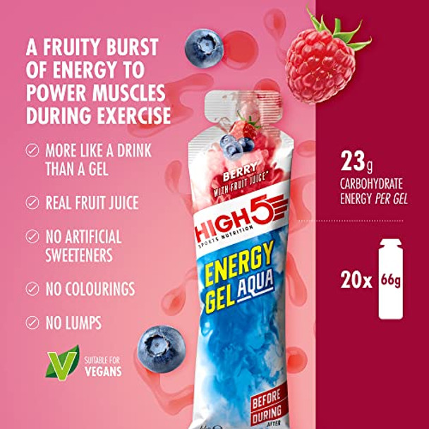 HIGH5 Energy Gel Aqua Liquid Quick Release Energy On The Go From Natural Fruit Juice (Berry 20 x 66g)