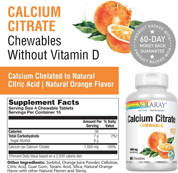 Solaray - Calcium Citrate, 1000mg, Natural Orange Flavor, 60 Chewables