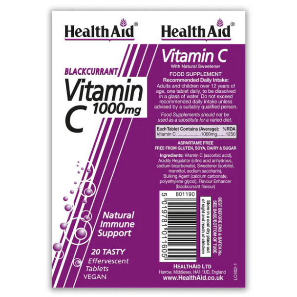 Healthaid Vitamin C Blackcurrant Flavour Vegetarian Effervescent 1000Mg 20 Tablets, Pack Of 3