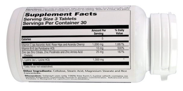 Solaray, L-Lysine, 1,000 mg, 90 TabletsDietary Supplement Naturally Produced Free-Form Amino Acid