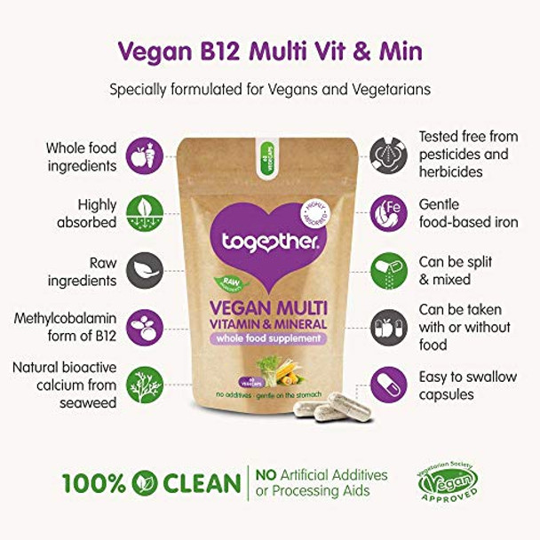 Vegan Multi VIT & Mineral - Together Health - Supports Vegan & Vegetarian Diets - Whole Food Nutrients - Vegan Friendly - Made in The UK - 60 Vegetable Capsules