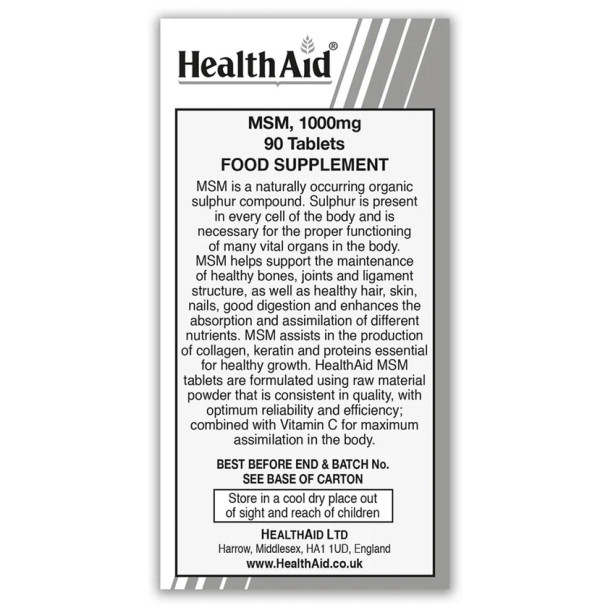 HealthAid MSM 1000mg - 90 Vegetarian Tablets