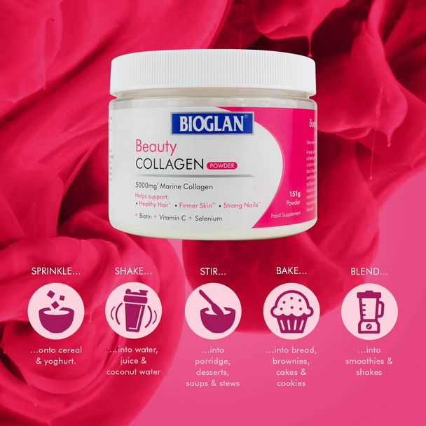 Bioglan Collagen | 5000mg Marine Collagen Powder | Helps Support Healthy Looking Skin, Hair, Nails | Biotin | Vitamin C | Selenium | Hyaluronic Acid | 151g