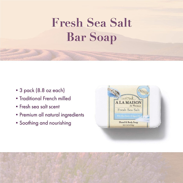 A LA MAISON Fresh Sea Salt Bar Soap - Triple French Milled Natural Moisturizing Hand Soap Bar (3 Bars of Soap, 8.8 oz)