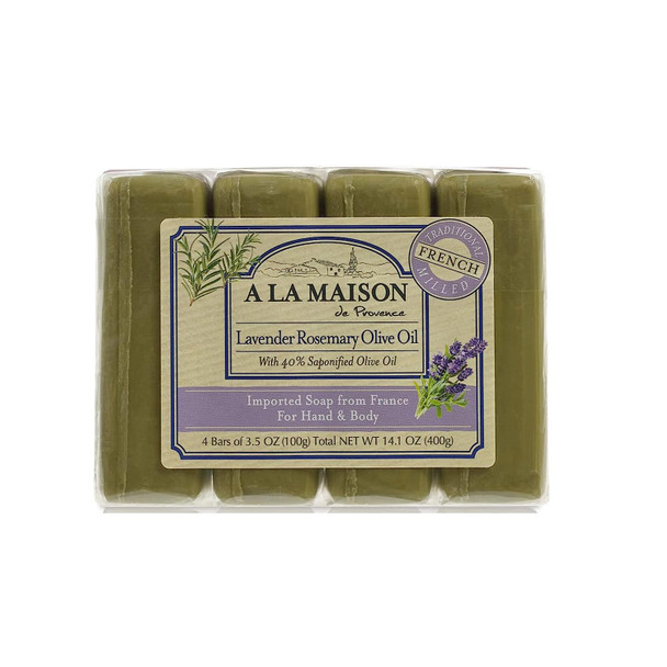 A LA MAISON Lavender Rosemary Olive Oil Bar Soap - Triple French Milled Natural Moisturizing Hand Soap Bar (4 Bars of Soap, 3.5 oz)