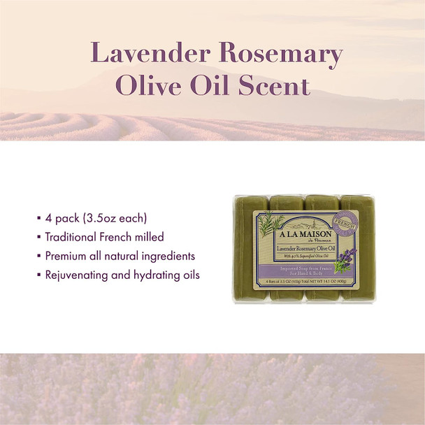 A LA MAISON Lavender Rosemary Olive Oil Bar Soap - Triple French Milled Natural Moisturizing Hand Soap Bar (4 Bars of Soap, 3.5 oz)