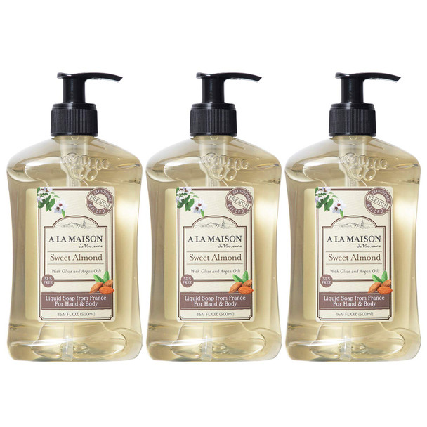 A LA MAISON Sweet Almond Liquid Hand Soap - Triple French Milled Natural Moisturizing Soap (3 Pack, 16.9 oz Bottle)