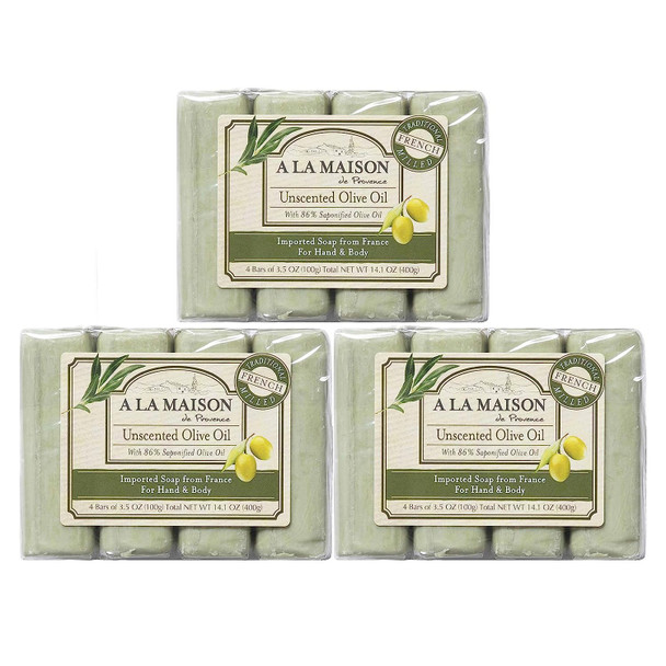 A LA MAISON Unscented Olive Oil Bar Soap - Triple French Milled Natural Moisturizing Hand Soap Bar (12 Bars of Soap, 3.5 oz)