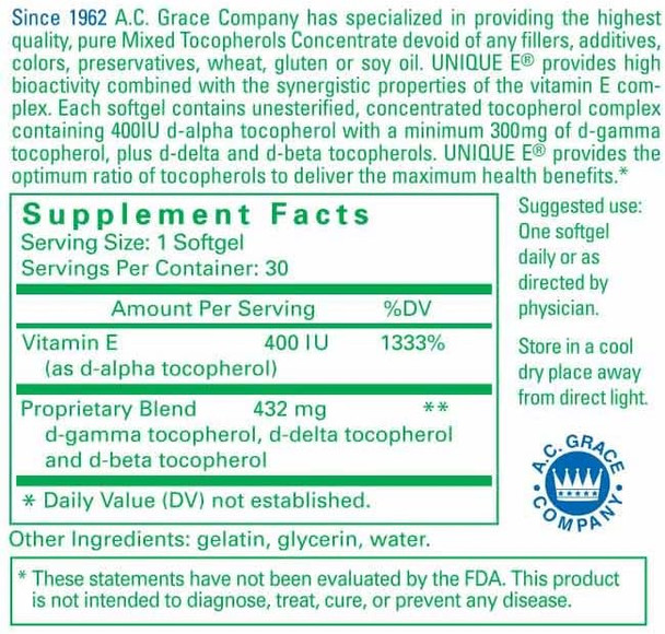 A.C. Grace - Unique E Optimum Vitamin E Complex - 30 Capsules