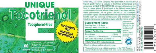 A.C. Grace Company UNIQUE E® Tocotrienols  Tocopherol FREE 60 Softgels