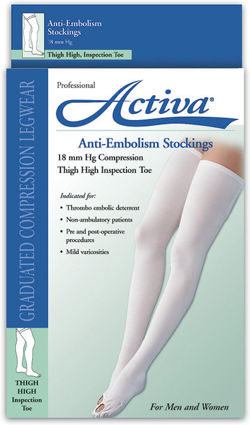 Activa Anti-EMB 18 mmHg Thigh High Inspection Toe Stockings, White, Small