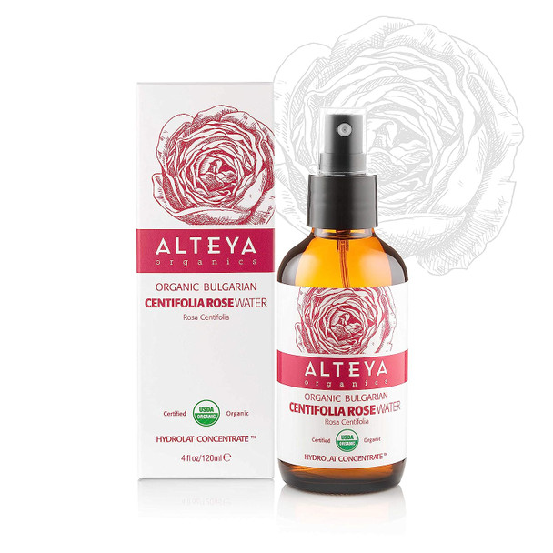 Alteya Organic Centifolia Rose Water Spray 120ml Glass bottle- 100% USDA Certified Organic Authentic Pure Rosa Centifolia Flower Water Steam-Distilled and Sold Directly by the Grower Alteya Organics
