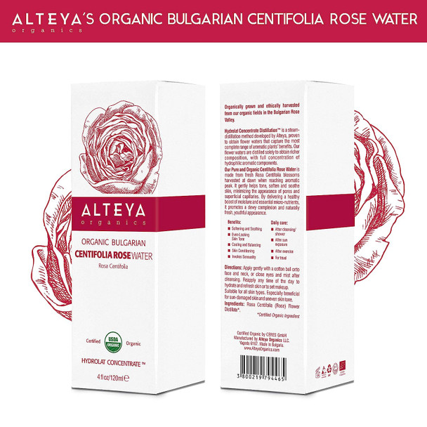 Alteya Organic Centifolia Rose Water Spray 120ml Glass bottle- 100% USDA Certified Organic Authentic Pure Rosa Centifolia Flower Water Steam-Distilled and Sold Directly by the Grower Alteya Organics