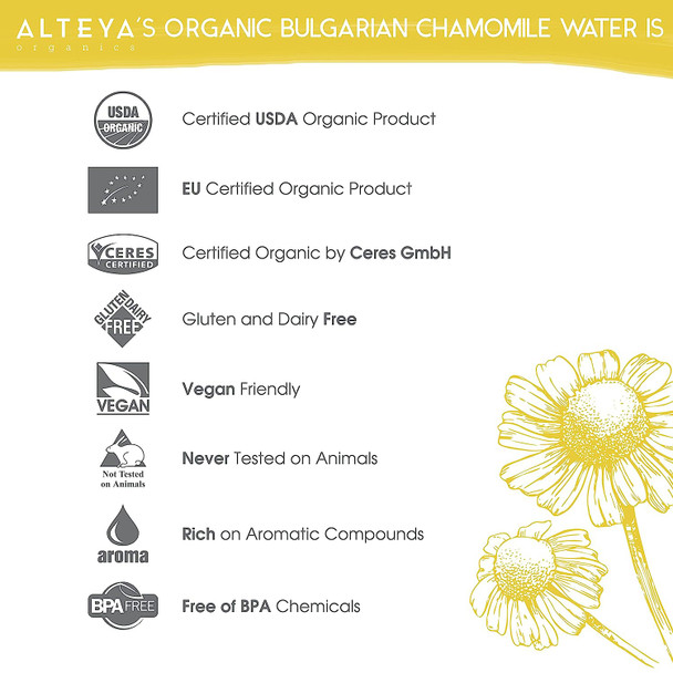 Alteya Organics Chamomile Water USDA Certified Organic Facial Toner, 3.4 Fl Oz/100mL Pure Bulgarian Anthemis Nobilis (Chamomile) Flower Water, Award-Winning Moisturizer BPA-Free Spray Bottle