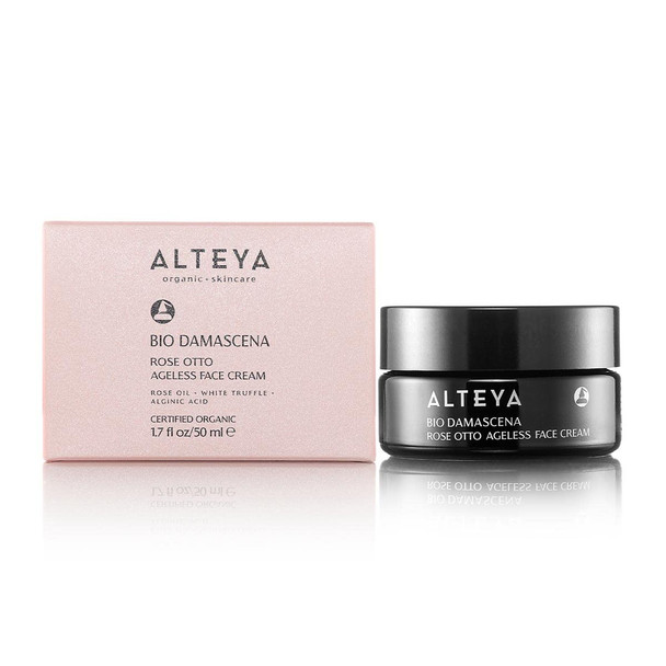 Alteya Organics Face Cream Certified Organic Skin Care 1.7 Fl Oz/50 mL Bio Damascena Award-Winning Ageless Rose Otto Face Moisturizer With Organic Bulgarian Rose Oil Firming, Deeply hydrating and Brightening