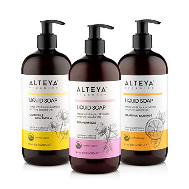 Alteya Organics Liquid Soap Geranium Rose, Chamomile & Calendula and Grapefruit & Orange 17 Fl Oz (3-Pack Bundle)