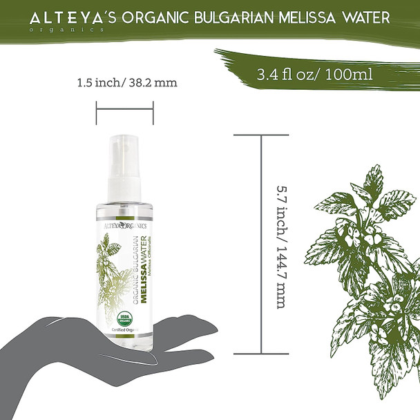 Alteya Organics Melissa Water USDA Certified Organic Facial Toner, 3.4 Fl Oz/100mL Pure Bulgarian Melissa Officinalis Flower Water, Award-Winning Moisturizer BPA-Free Spray Bottle