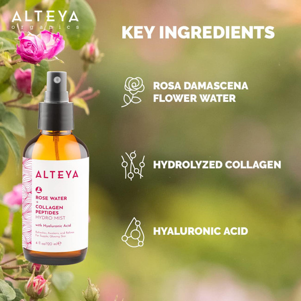 Alteya Organics Rose Water Face Toner with Collagen Peptides and Hyaluronic Acid - 4 Fl Oz/ 120mL