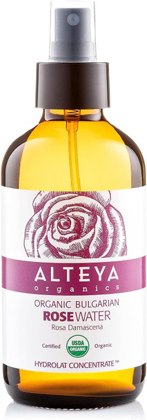 Alteya Organics Rose Water USDA Certified Organic Facial Toner, 8 Fl Oz/240mL Pure Bulgarian Rosa Damascena Flower Water, Award-Winning Moisturizer Amber Glass Spray Bottle