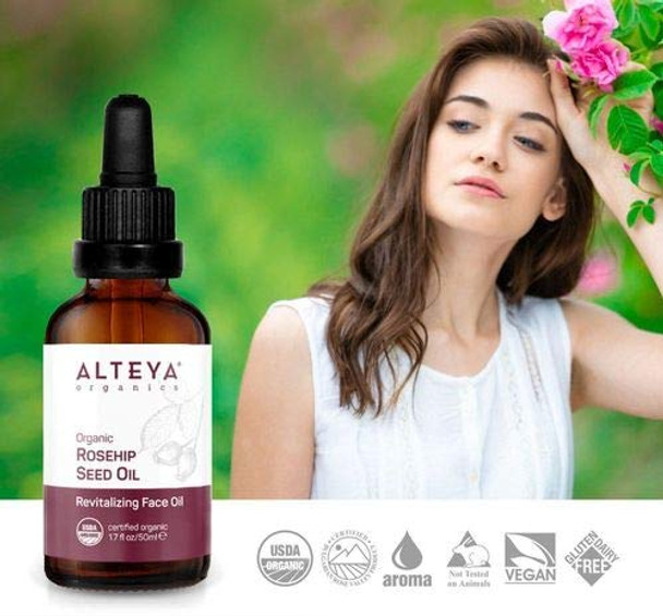 Alteya Rosehip Seed Oil USDA Certified Organic Face Oil, 1.7 Fl Oz/50mL Glass Bottles with , All-Natural Moisturizer