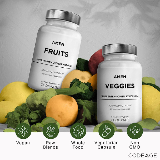 Amen Fruits + Veggies Vitamins Bundle, Raw Whole Food Multivitamin Capsules, Greens Vegetables, Red Fruits & Berries Vegan Blend, Fibers + Phytonutrients Superfood Minerals Supplement, Non-GMO, 180 ct