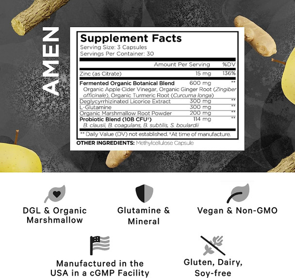 Amen Leaky Gut Supplements - Advanced Formula with Bioavailable L Glutamine, Zinc, Turmeric, Licorice Root - Bowel and Stomach Probiotics & Fermented Prebiotics - Vegan, Non-GMO - 90 Capsules