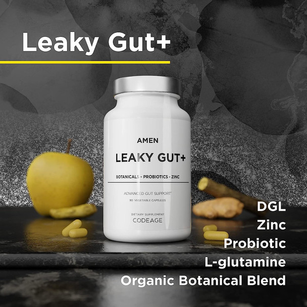 Amen Leaky Gut Supplements - Advanced Formula with Bioavailable L Glutamine, Zinc, Turmeric, Licorice Root - Bowel and Stomach Probiotics & Fermented Prebiotics - Vegan, Non-GMO - 90 Capsules