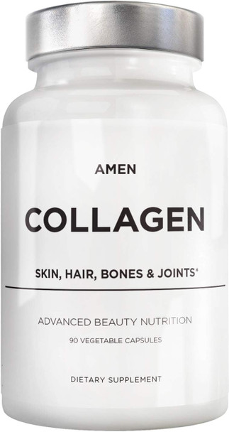 Amen Multi Collagen Peptides Capsules with Hyaluronic Acid and Vitamin C - 5 Types of Collagen Protein Type I, II, III, V, X - Grass Fed - Hydrolyzed - Amino Acids - Collagen Supplement - 90 Pills