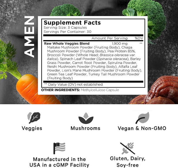 Amen Veggies, Daily Veggies Vitamins Supplement, Vegetables Vegan Blend & Whole-Food Raw Greens Multivitamin Capsules, Mushroom Complex, Superfood, Minerals, Green Vegetable Nutrients, Non-GMO, 90 ct