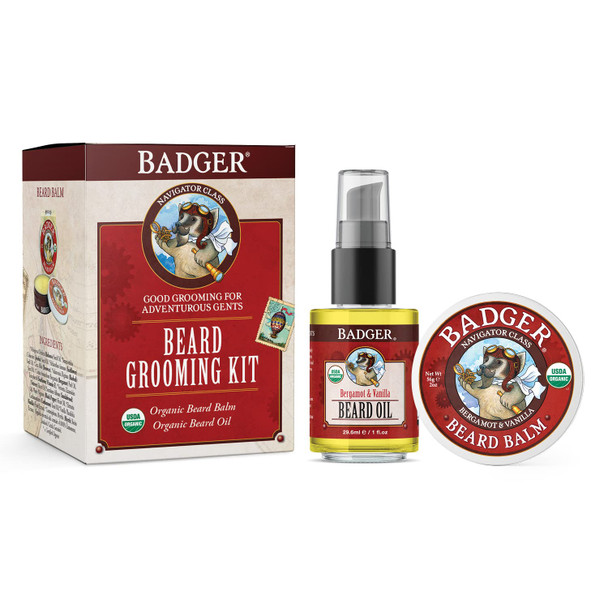 Badger - Beard Grooming Kit, Beard Oil Tin & Beard Balm 1 fl oz, Babassu & Jojoba, Certified Organic, Facial Hair Leave-in Conditioner