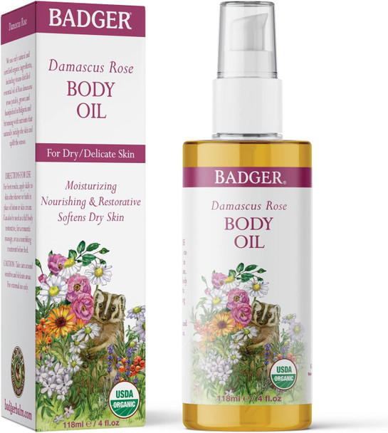 Badger - Body Oil, Damascus Rose, Certified Organic Body Oil, Natural Body Oil, Skincare Oil, Body Oil Organic, After Shower Body Oil, Body Oil for Women, Moisturizer Body Oil, 4 oz