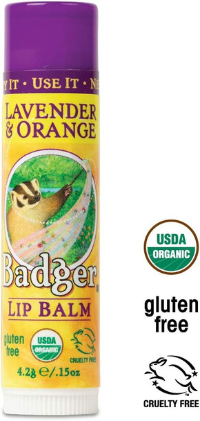 Badger - Classic Lip Balm, Lavender & Orange, Made with Organic Olive Oil, Beeswax & Rosemary, Certified Organic, Moisturizing Lip Balm, 0.15 oz