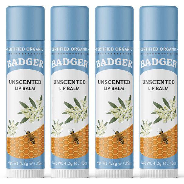 Badger - Classic Lip Balm, Unscented, Made with Organic Olive Oil, Beeswax & Rosemary, Certified Organic, Moisturizing Lip Balm, 0.15 oz (4 Pack)