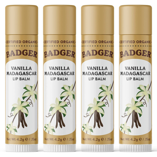 Badger - Classic Lip Balm, Vanilla Madagascar, Made with Organic Olive Oil, Beeswax & Rosemary, Certified Organic, Moisturizing Lip Balm, 0.15 oz (4 Pack)