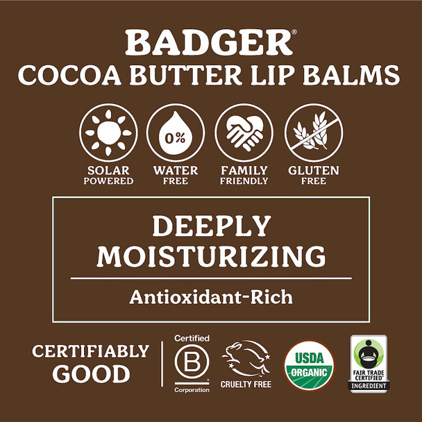 Badger - Cocoa Butter Lip Balm, Vanilla Bean, Certified Organic Lip Balm, Fair Trade, Lip Butter, Lip Balm Cocoa Butter, Cocoa Care Lip Balm, 0.25 oz (4 Pack)