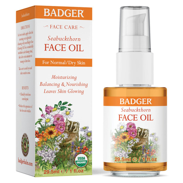 Badger - Face Oil, Seabuckthorn, Certified Organic, Seabuckthorn Oil, Organic Face Oil, Moisturizing Facial Oil, Natural Face Oil, 1 oz Glass Bottle