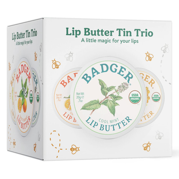 Badger - Lip Butter Trio Gift Box, Moisturizing Organic Coconut Oil, Beeswax, Sunflower - Contains 1 Unscented , 1 Sweet Orange, and 1 Cool Mint Lip Butter