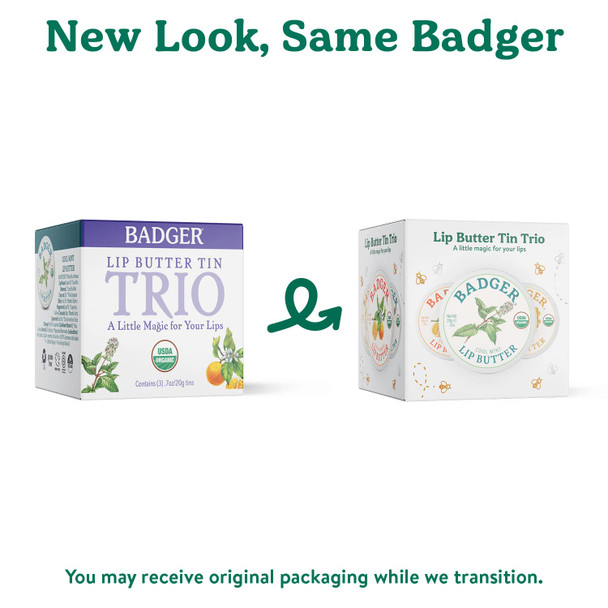 Badger - Lip Butter Trio Gift Box, Moisturizing Organic Coconut Oil, Beeswax, Sunflower - Contains 1 Unscented , 1 Sweet Orange, and 1 Cool Mint Lip Butter