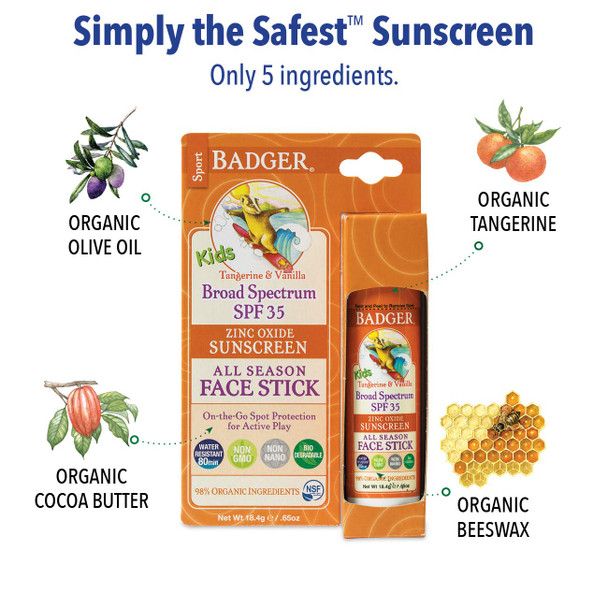 Badger - SPF 35 Clear Zinc Kids Sunscreen Stick - Tangerine & Vanilla - Broad Spectrum Water Resistant Reef Safe Sunscreen, Natural Mineral Sunscreen with Organic Ingredients .65 oz