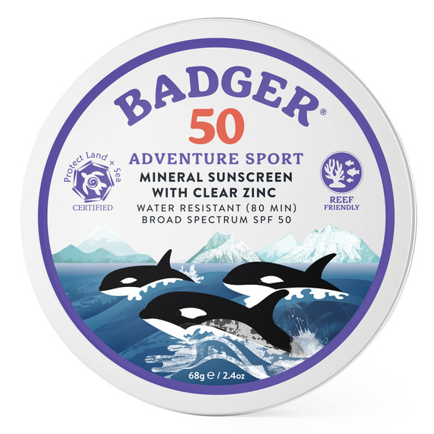 Badger - SPF 50 Adventure Sport Mineral Sunscreen Tin - Reef-Friendly Broad-Spectrum Water-Resistant Sport Sunscreen with Zinc Oxide - Unscented, 2.4 oz