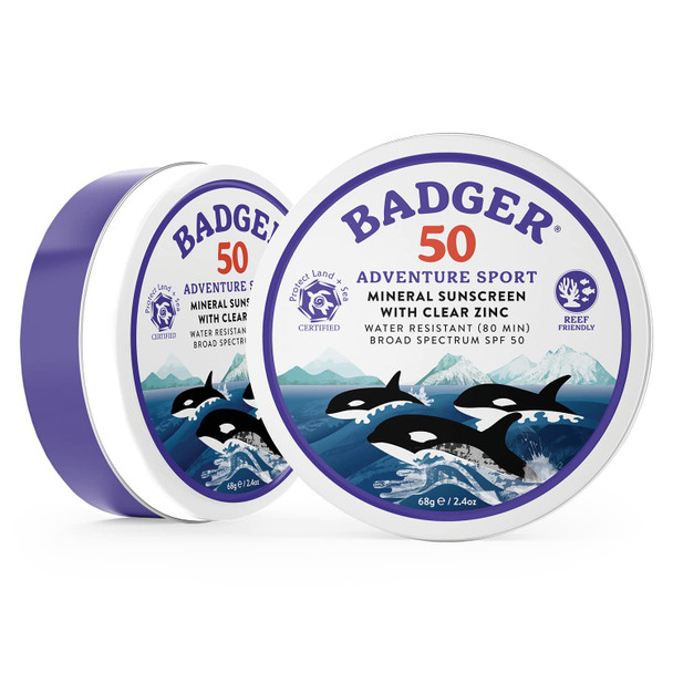 Badger - SPF 50 Adventure Sport Mineral Sunscreen Tin - Reef-Friendly Broad-Spectrum Water-Resistant Sport Sunscreen with Zinc Oxide - Unscented, 2.4 oz