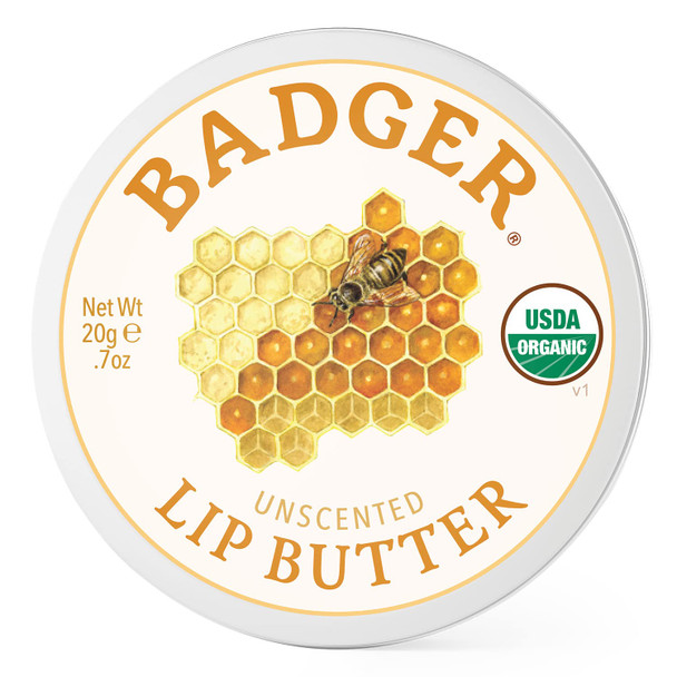 Badger - Unscented Lip Butter, Moisturizing Organic Coconut Oil, Beeswax, Sunflower & Olive Oil