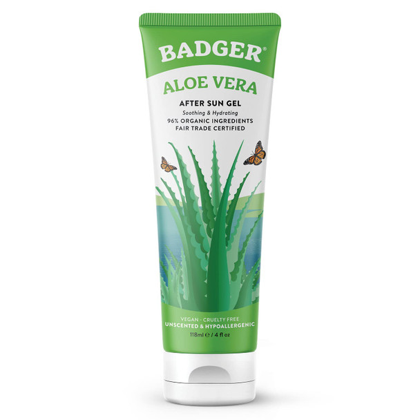 Badger Aloe Vera After Sun Gel - Fair Trade and Certified Organic Aloe Vera Gel, Cooling and Soothing - Unscented, 4 oz