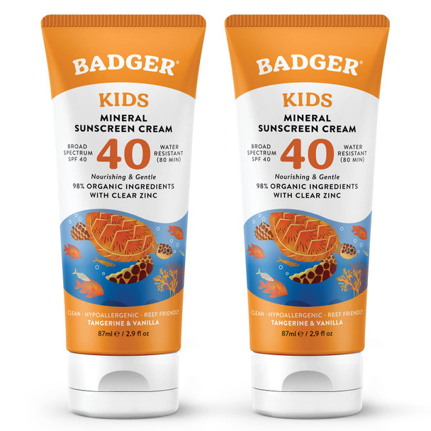 Badger SPF 40 Kids Mineral Sunscreen Cream (2 Pack) - Reef-Friendly Broad-Spectrum Water-Resistant Kids Sunscreen with Zinc Oxide - Tangerine and Vanilla, 2.9 oz